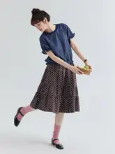 デニムフリルデザインのルーズフィットシャツ【女性用・夏向け・ラウンドネック】