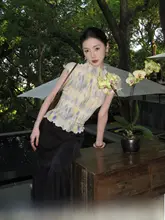 夏用 涼しげな雪纺無袖Tシャツ【グラデーションプリント・短袖・ひだデザイン】