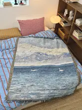 雪山と白鳥の風景タペストリー【クリームカラー・インテリア装飾用・ソファカバー・毛布】