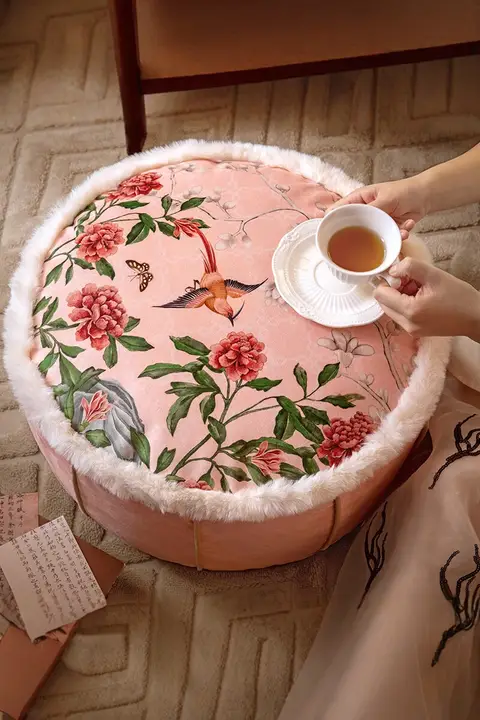 花鳥デザインの中華風スツール【ピンク・丸形・極上の柔らかさ・洗濯可能】