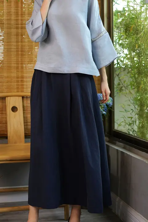 春夏用の大きなフレアデザイン！和風コットンリネン・チュニックロングスカート【フィット・文芸スタイル】（セットアップ対応）