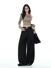レトログレーのワイドレッグスーツパンツ【ゆったりシルエット・スタイリッシュデザイン・女性用】