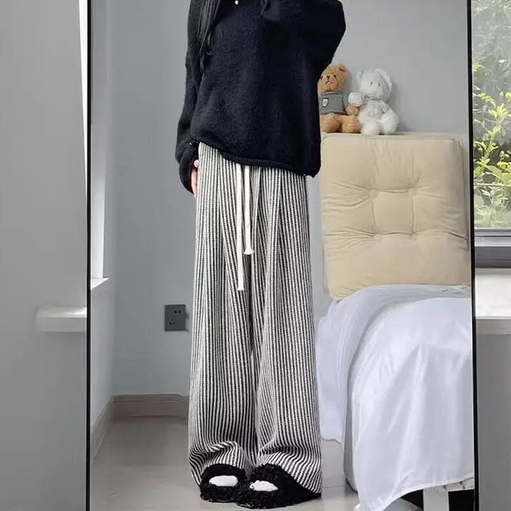 高腰のウールワイドパンツ【秋冬用・ストライプ・裏地フリース・ラウンジスタイル】（セットアップ対応）