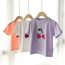 ラメ入り小さなチェリー柄 キッズコットンTシャツ【女の子用・ラウンドネック・短袖・薄手】
