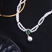 二重パールネックレス【グリーンダイヤモンドの雫ペンダント・鎖骨チェーン・エレガントなデザイン】