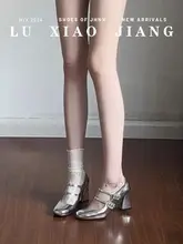 羊皮製 シルバーのマリージェーンハイヒール【フレンチスタイル・太ヒール・快適設計】