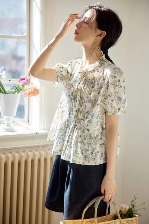 Nov elist 花柄シャツ【夏用・フリルデザイン・リボン結び・女性用】
