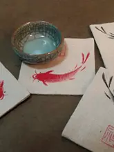 手描きの禅スタイル茶席マット【天然コットン麻・カップマット】（セットアップ対応）