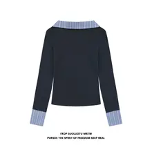 美式カラー切替ストライプVネックポロシャツ【長袖・女性用・タイトフィット】