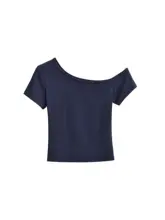 セクシーな斜めネックオフショルダー半袖Tシャツ【夏用・フィットデザイン・クロップ丈】