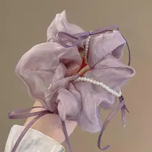 パール付きリボンヘアゴム【大きめ輪・韓国風・まとめ髪用】