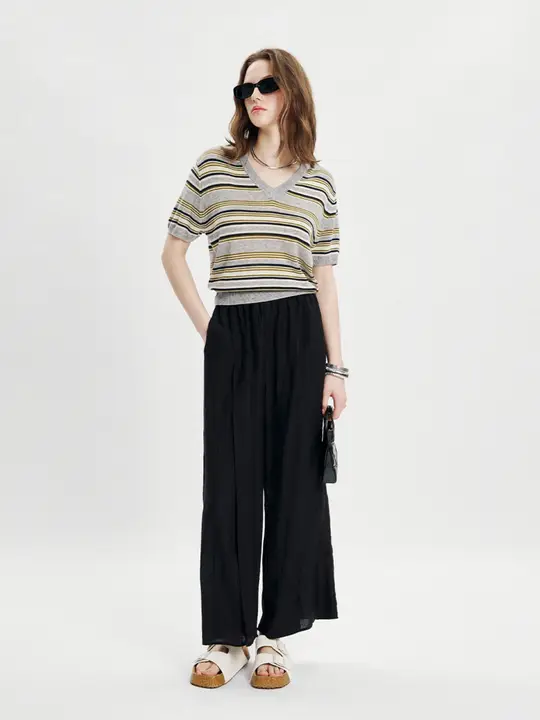 CLMX アート不規則プリーツ ウエストゴム 九分丈ワイドパンツ【レーヨン混紡・デザイン】