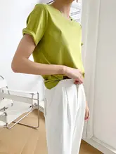 優雅なデザイン！アボカドグリーン・ホワイト・ブラックのサテンコットン半袖Tシャツ【ラウンドネック・Vネック・ゆったりフィット】