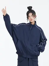 ウミガメデザインのレトロスタンドカラーアウター ジャケット【男女兼用・ルーズフィット・ネイビーカラー】
