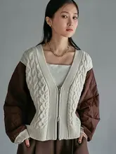 Vネックジッパー編み上げカーディガン【カラーブロック・ツイスト編み・女性用】