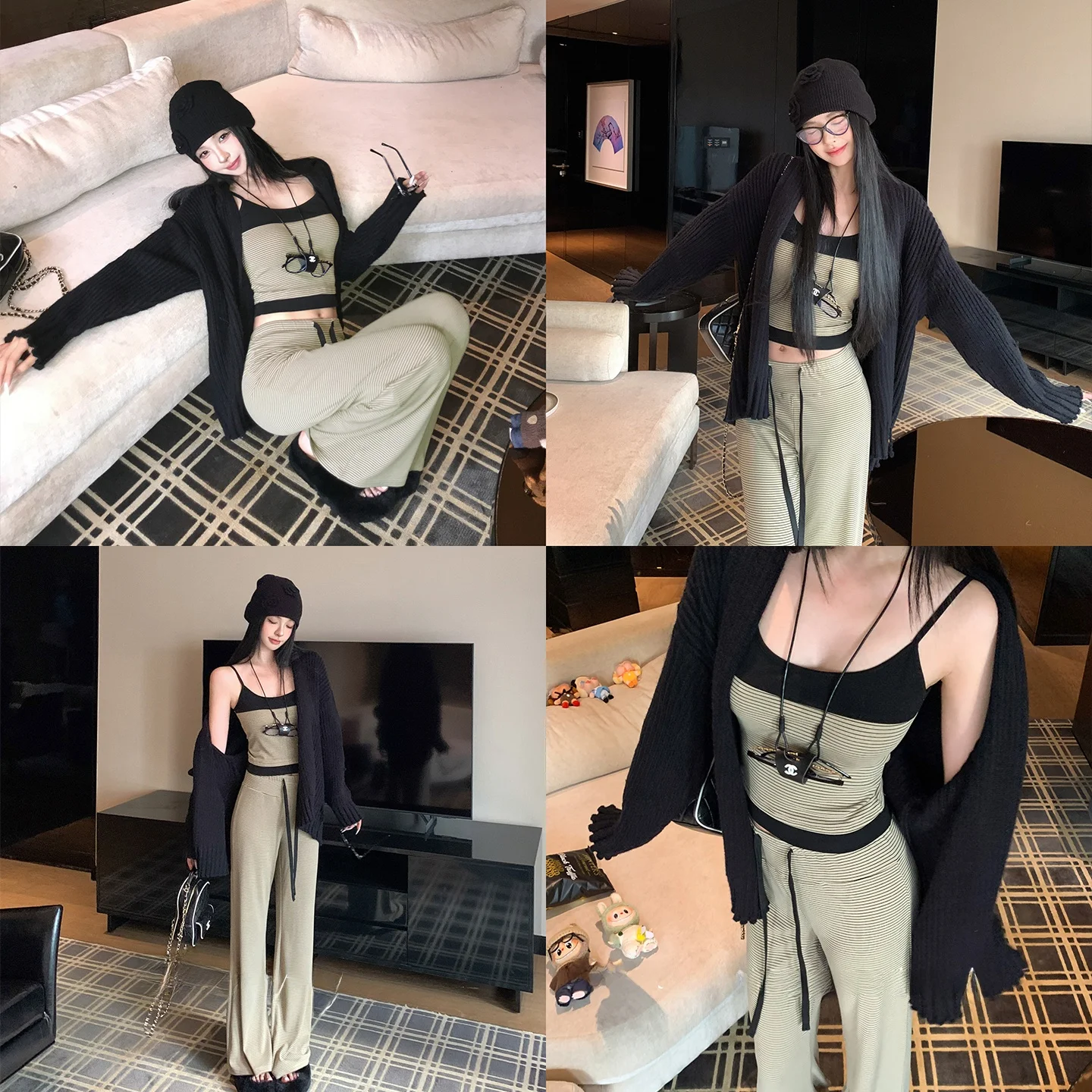 ボーダー 大人コーデ おすすめアイテム：感のあるニットカーディガンとストライプのワイドパンツ