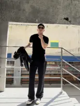 DaeeWooo 微喇叭デザイン カジュアルパンツ【ブラック・ストレッチ素材・外出用】