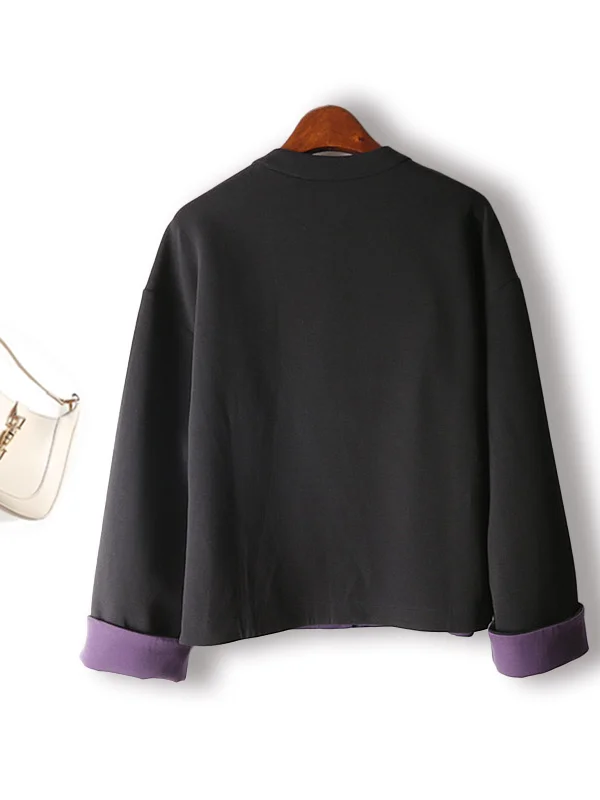 パフスリーブデザインのラウンドネックカラーブロックジャケット【長袖・カジュアルコーディネートに最適】