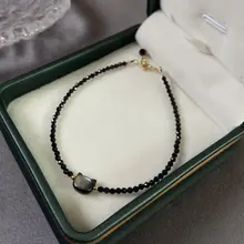 黒白猫デザインの14Kコーティング調整可能なブレスレット【天然水晶・小さな真珠・黒の尖晶】