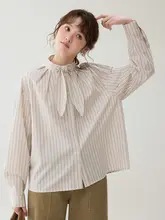 可愛いリボン付きストライプ柄コットンシャツ【春用・ゆったりサイズ】