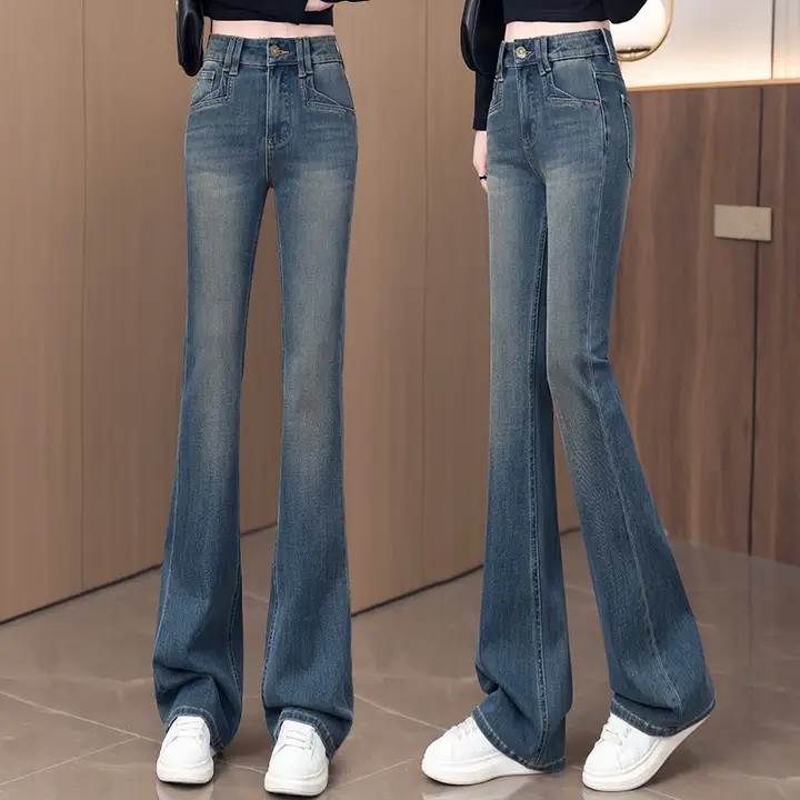 レディース ハイウエストデニムフレアパンツ【スタイリッシュ・ヴィンテージ風・スリム効果】（セットアップ対応）