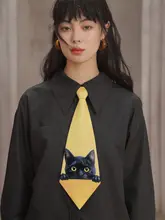 レトロな黒猫プリントのイエローボウタイ【ショートタイプ・矢印型・女性用・ギフト対応】