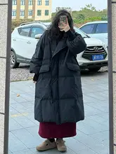 女性用 大きいサイズ ブラック 韓国風 ロング丈 膝下 コットンコート【シンプルでスタイリッシュ・スリム効果】