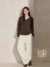 Vネックカジュアルニットトップス【女性用・ウール混紡・ブラウン・ドット柄・ゆったりデザイン】（セットアップ対応）