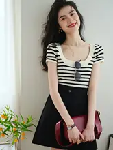 フレンチスタイル ボックスカラー ボーダー Iceシルクニット 半袖Tシャツ【女性用・夏用・フィット・ショート丈】