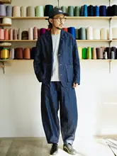 麻デニムワイドレッグパンツ【単プリーツ・バルーンシルエット・パリボタン】