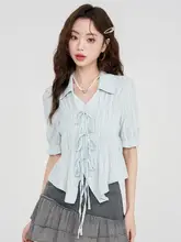 フランス風ヴィンテージデザインのバンド付きショートスリーブシャツ【女性用・夏用・個性的なデザイン】