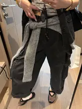 レトロなヴィンテージ風ブラックポケット付きストレートパンツ【九分丈・春夏用・カジュアル】