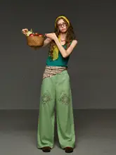 レトロダイヤモンド型レース刺繍ハイウエストワイドパンツ【夏用・フィット・ストレート】（セットアップ対応）