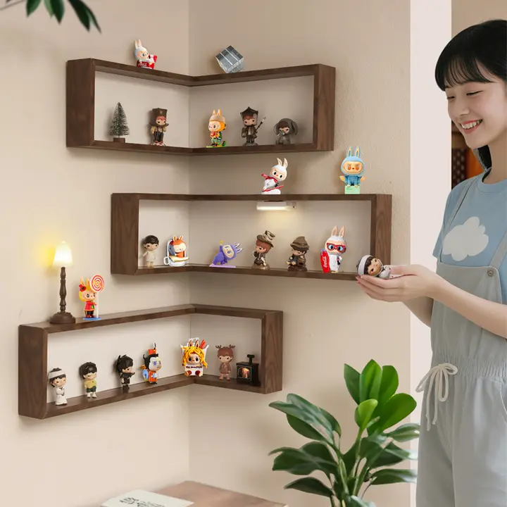 コーナー展示ラック【穴あけ不要・防塵カバー付き・フィギュアや小物収納用】