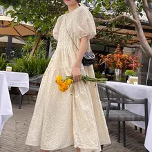春夏用 ビンテージスタイル バルーンスリーブ レースデザインのワンピース【フィット・大きいサイズ対応】