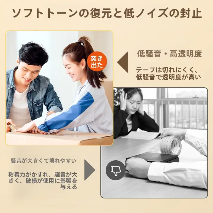 梱包テープ 透明 テープカッター付き 静音 長巻 高粘着 跡が残りにくい しっかり固定 宅配便 配送用