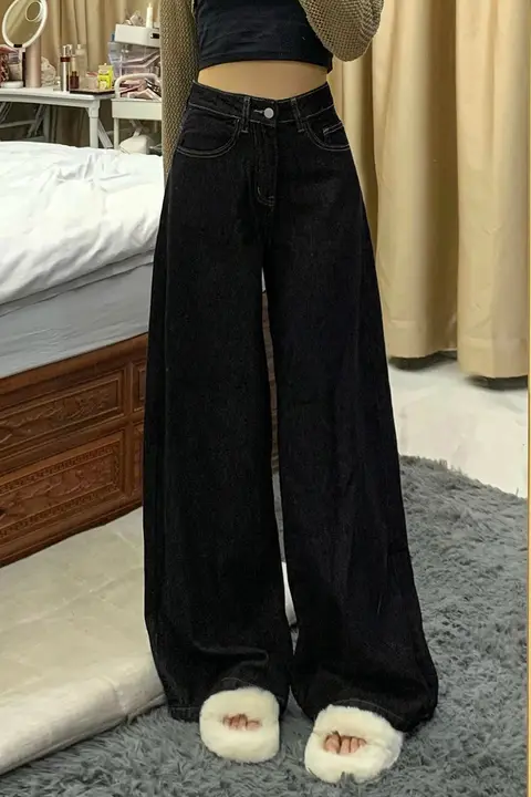 黒色Aラインワイドデニムパンツ【レディース・夏用・タイプ・大きいサイズ対応】