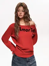 Tシャツ レディース 長袖 英字プリント バイカラー ワンショルダー アメリカン風 カジュアル クール 秋