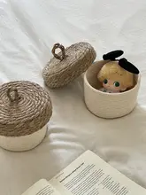 丸型草編み収納ボックス【フタ付き・デスク周りの整理に最適】