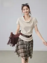 半袖Tシャツ レディース ドレープネック フレンチ風 韓流 ウエストマーク 着痩せ きれいめ 上品 春 秋