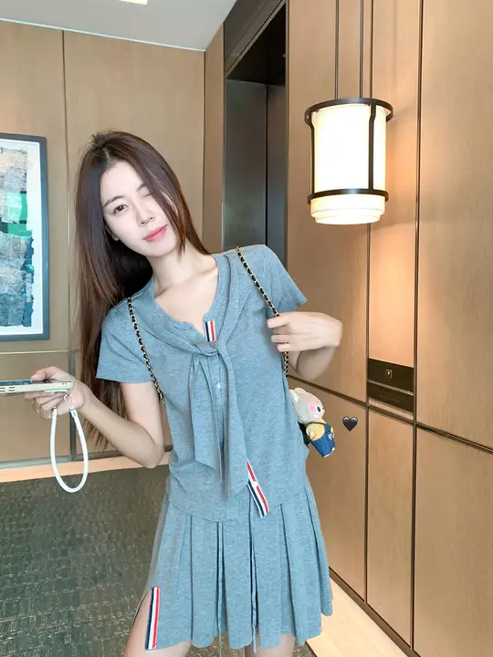 2点セット レディース スクール風 ケープ付き ニット 半袖 Tシャツ トップス グレー 夏 スカート petite