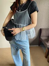 網状シフォンキャミソールとドット柄Tシャツ【夏用・スウィートスタイル】（セットアップ対応）