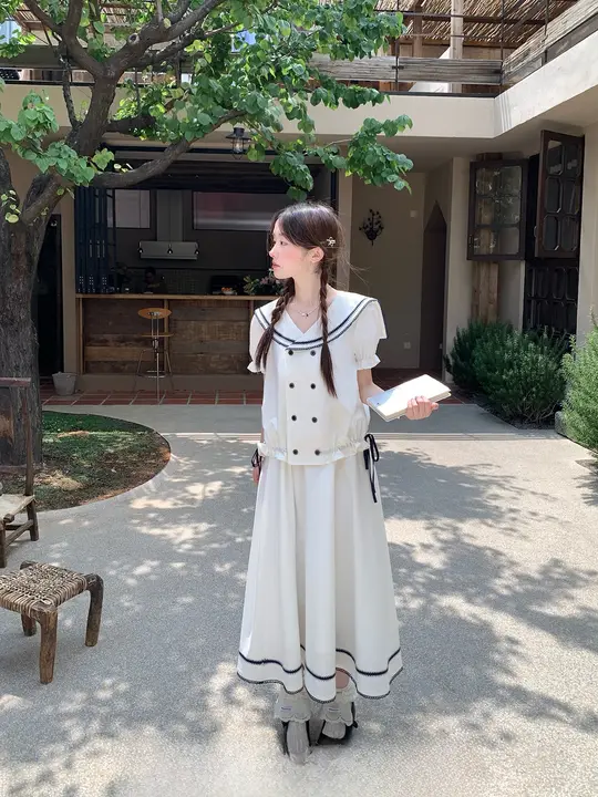 セーラー服 レディース 白 セーラーカラー スクール風 2点セット カジュアル おしゃれ 夏