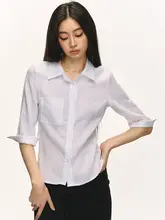 高級感あるデザイン！麻素材の中袖ブラウス【女性用・ウエスト絞り・白色】