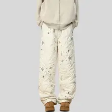 星柄ダイヤモンドチェックワイドレッグコットンパンツ【冬用・加圧と厚手・滑雪対応】