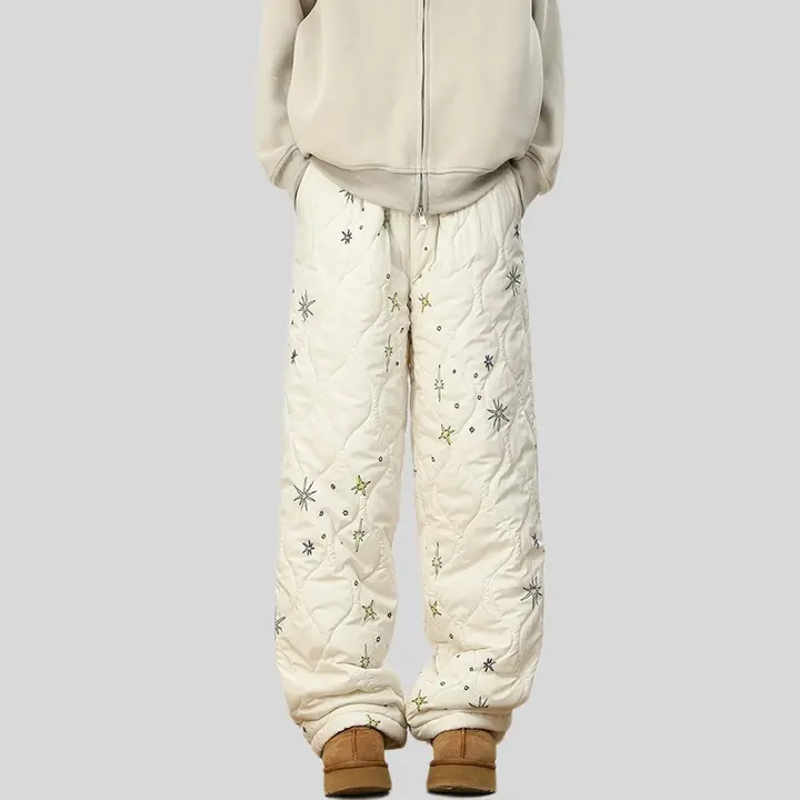 星柄ダイヤモンドチェックワイドレッグコットンパンツ【冬用・加圧と厚手・滑雪対応】