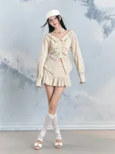 AGAM オリジナルデザイン ショルダーストラップ付きストライプ襟付きブラウス＆レース切替スカート セット