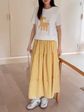 フランス風のイエロープリーツハイウエストマキシスカート【夏用・Aライン・ウエストゴム】