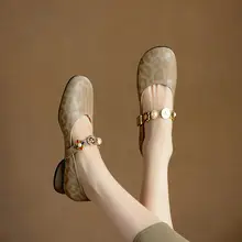 春秋用マリー・ジェーンシューズ【水晶装飾・ラウンドトゥ・中ヒール・グレー・ベージュ・レトロデザイン】