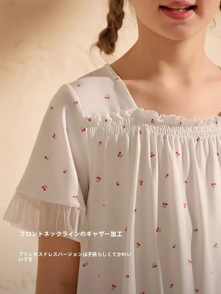 かわいいさくらんぼプリントモダールパジャマ：夏の涼しさを実現するプリンセススタイルの子供用パジャマ
